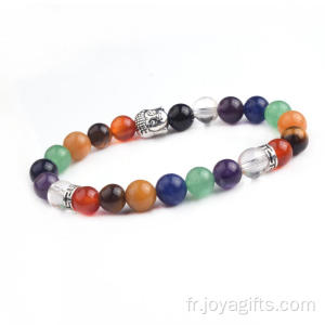 7 chakra 8MM pierres Bracelet argenté tête de Bouddha Bracelets bijoux